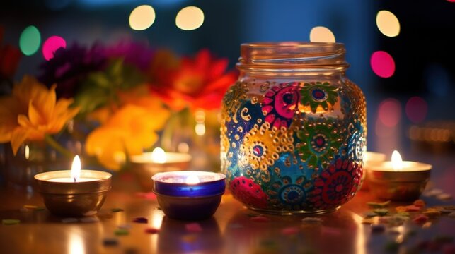 Diwali Deepavali craft handmade ideas, DIY candle lights at home. Happy Diwali background, web banner. Diwali Hindu festival of lights celebration. Colorful traditional Diwali DIY Projects