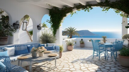 Greece, Santorini island. Panoramic view of terrace with sea view - obrazy, fototapety, plakaty