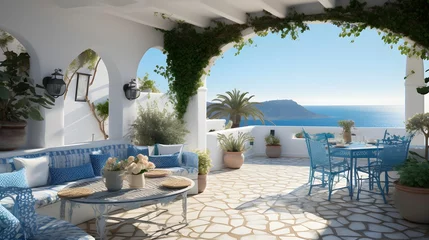 Fototapeten Greece, Santorini island. Panoramic view of terrace with sea view © Michelle