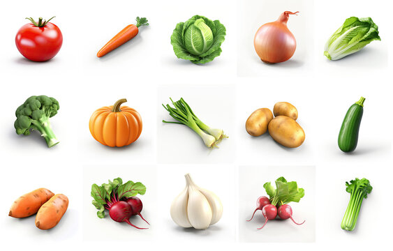 Set 3d icon on the white background.  Pictured: tomato, carrot, cabbage, onion, Chinese cabbage, broccoli, pumpkin, leek, potato, zucchini, sweet potato, beetroot, garlic, radish, celery.