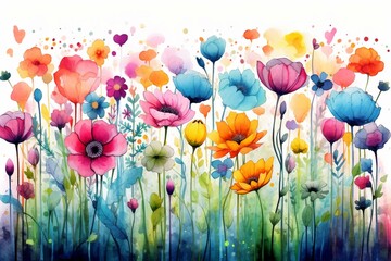 Colorful watercolor flowers with dripping design depict a vibrant spring garden. Generative AI