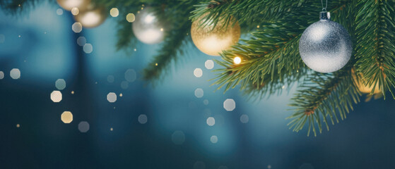 Obraz na płótnie Canvas Christmas background with bokeh lights and christmas tree branches.