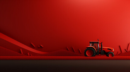tractor on a red background with copy space. Template for farming  - obrazy, fototapety, plakaty
