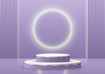 3D podium render vector of purple geometric background or texture. Bright pastel podium or pedestal backdrop. Blank minimal design concept. Stage for ceremony on purple pedestal background.Vector illu