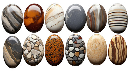 Collection of various rocks from different geological formations, polished shiny pebbles, transparent png
