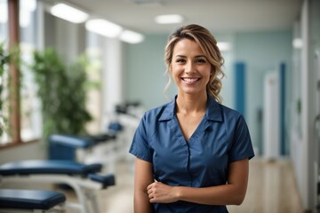 Fototapeta premium Portrait of a female physiotherapist in her clinic, with a confident smile while dressed in her professional uniform. Copy Space.