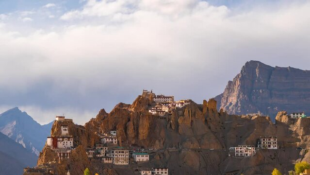 4K Zoom In Time-lapse shot of Dhankar Monastery during evening at Dhankar in Spiti Valley, Himachal Pradesh, India. Clouds move behind the Dhankar gompa during the sunset.