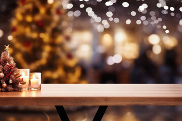 Wooden table in front of christmas tree with bokeh background.