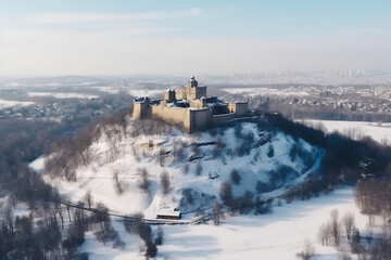 Fototapeta na wymiar Old medieval castle complex of the north and cold winter landscape around generative ai