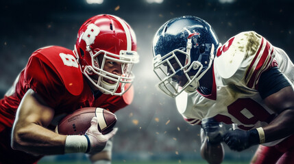 Super bowl players versus. American football player. Sportsman with ball in helmet on stadium in action. Sport and motivation