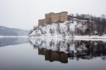 Obraz premium Old medieval castle of the north and very cold winter landscape around with lake and mountains generative ai