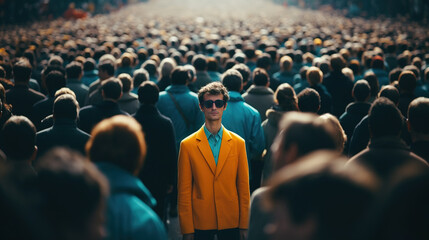 Man in yellow jacket standing out from large crowd of people in the middle of the street - obrazy, fototapety, plakaty