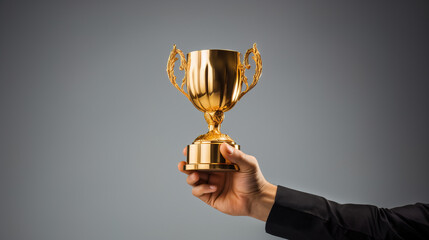 Businessman hand holding gold trophy on grey background