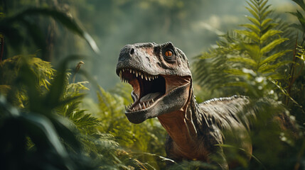 Dinosaur Tyrannosaurus Rex between green plants in jungle