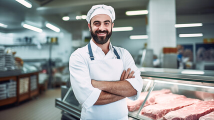 Man standing in front of shelves with raw meat. Male butcher or shopkeeper working in modern meathsop.

