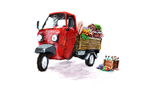 Piaggio Ape loaded with fresh produce of vegetables, fruits, food and beverages, Italian, red piaggio ape illustration