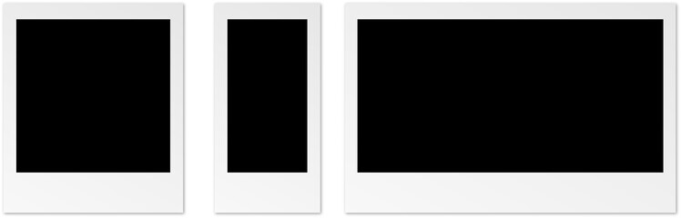 Empty black photo frame with shadows. Polaroid frame on transparent background. Realistic old photo frame - obrazy, fototapety, plakaty