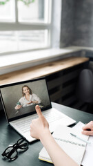 Virtual Connections. Woman Engages in Online Discussion, Work from Home, Freelance, Video...