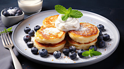 Cottage cheese fritters with fresh blueberry and yogurt, healthy eating 