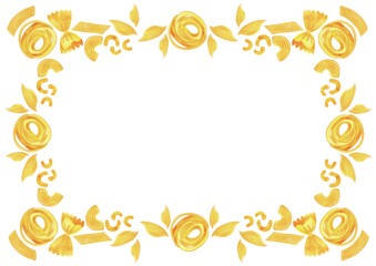 Rectangular A3 frame made of different types of Italian pasta for designing menus, certificates and booklets, and advertising cafes. Isolated watercolor illustration. Clipart.