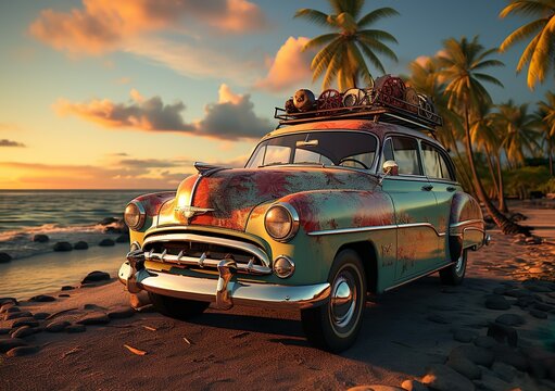Travel, luxury car with luggage for relaxing on a tropical beach. sunset trip on palm beach, travel and summer holiday celebration
