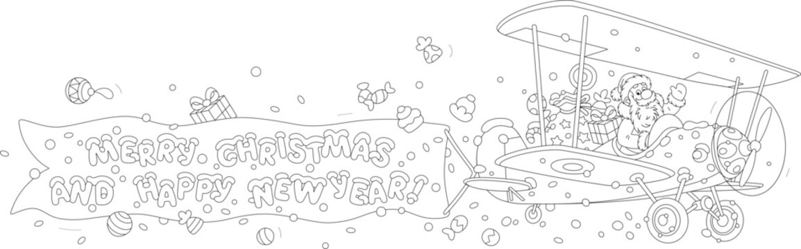 Santa Claus flying in his colorful plane with a Christmas greeting banner and carrying a large magical bag of winter holiday gifts for little kids, black and white vector cartoon illustration