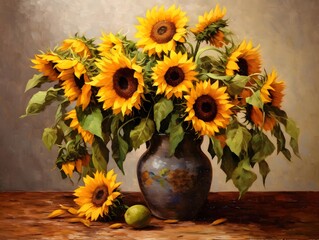 Bouquet of sunflowers in vase on wooden table