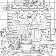 Geyser coffee machine and coffee by the Christmas fireplace.Coloring book antistress for children and adults. 