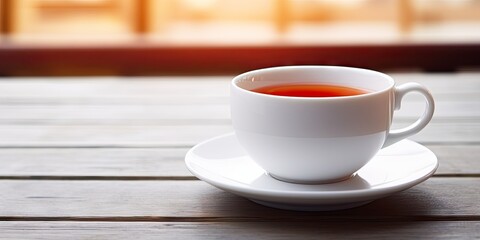 Morning serenity. Closeup of hot red tea cup on wooden table. Healthful start. Herbal for fresh. Time elegance. White porcelain teacup on black saucer