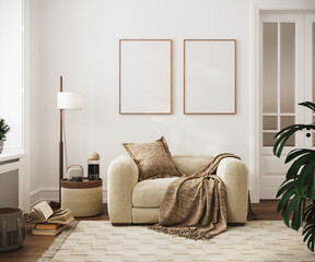 mock up poster frames in modern interior background, living room, Scandinavian style