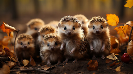 family group of hedgehogs posing in the autumn forest, community collective wildlife leaf fall in October