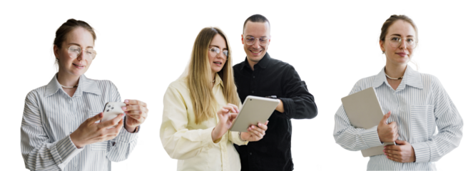 People office woman and male colleagues company employees use a tablet and laptop. Friends work startup. Transparent isolated background.
