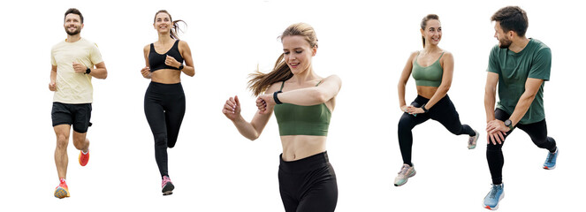 Woman and man sports healthy friends people fitness intensive interval exercises , photo collage. Transparent isolated background.
