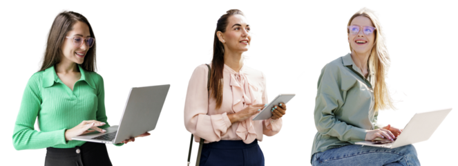 Female office employee manager uses laptop computer tablet, photo collage. Transparent isolated background.