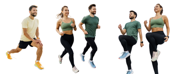 Sports healthy friends people woman and man fitness intensive interval exercises , photo collage. Transparent isolated background.
