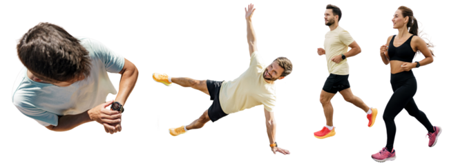 Sports confident friends people collage photos. Active and healthy lifestyle. Warm-up joggers male and female athletes fitness exercises warm-up. Transparent isolated background.