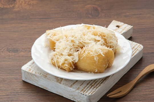 Fried cassava with cheese or singkong goreng keju, Indonesian traditional food. 
