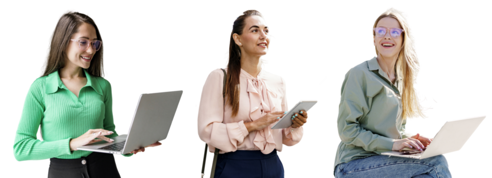 Female office employee manager uses laptop computer tablet, photo collage. Transparent isolated background.