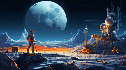 An aerospace engineer working on the construction of a lunar base. - obrazy, fototapety, plakaty