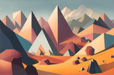 Geometric mountain range, A colorful, abstract landscape of geometric shapes. The mountains are made up of a variety of shapes and sizes, and the colors are vibrant and eye-catching