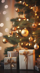 Fototapeta na wymiar Beautiful Christmas tree with gifts on blurred lights background, closeup.