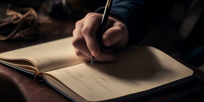 Hands are writing in a notebook lying on the table, close-up.