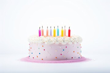birthday cake with candles, festive birthday background 