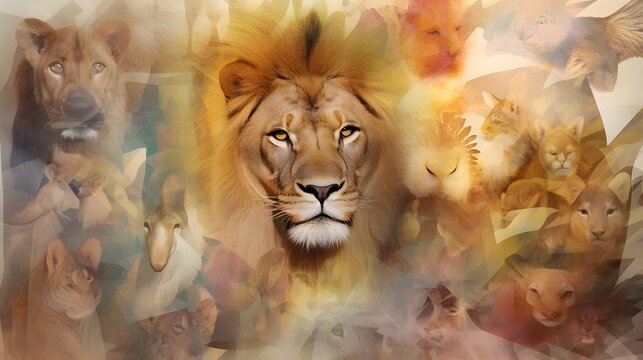 Digital painting of a lion surrounded by a flock of flying wild animals