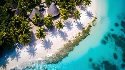 Aerial view of tropical island with palm trees, sand and turquoise water