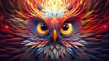 Obraz premium Vivid psychedelic bird face with saturated multicolored feathers and large expressive eyes, captivating diversity and colorful beauty of natural world, diversity of birds families and species