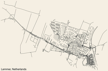 Detailed hand-drawn navigational urban street roads map of the Dutch city of LEMMER, NETHERLANDS with solid road lines and name tag on vintage background