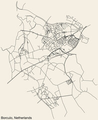 Detailed hand-drawn navigational urban street roads map of the Dutch city of BORCULO, NETHERLANDS with solid road lines and name tag on vintage background