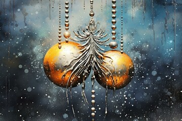 Shining winter ornament: worn silver & glittery background with water droplets, dew, bubbles in blue & gold. Generative AI