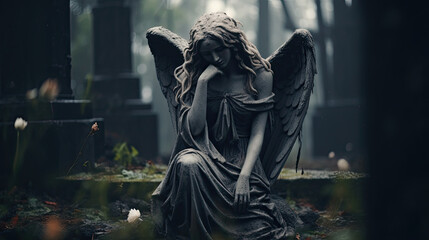 Sad angel statue at the cemetery. Funeral ceremony.  - obrazy, fototapety, plakaty